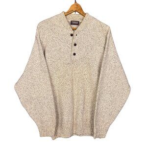 Vintage Timberbay Beige Sweater, Neutral Wool Blend Henley, Chunky Knit Pullover